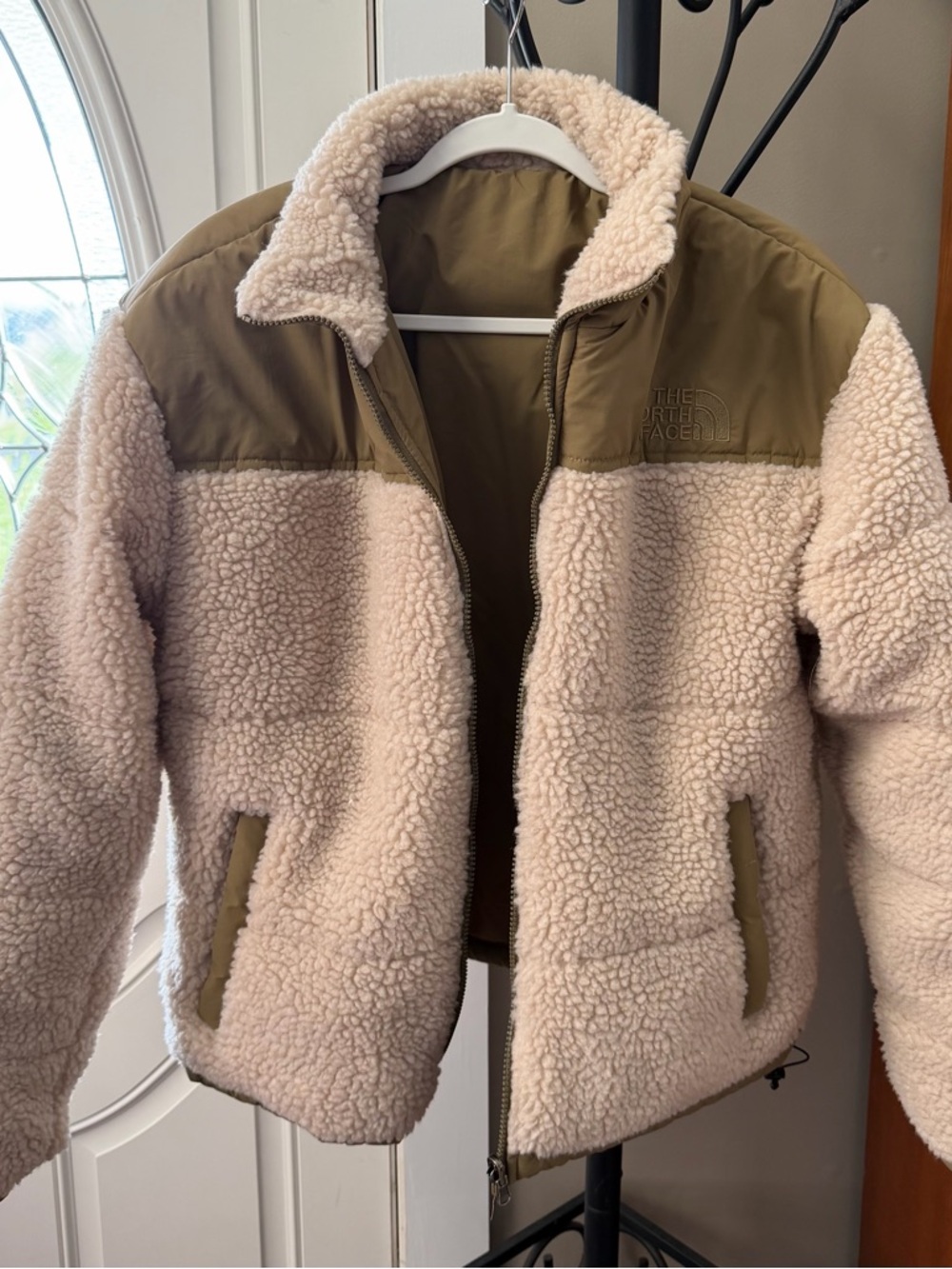 The North Face Sherpa Fleece Jacket in Cream and Olive Drab